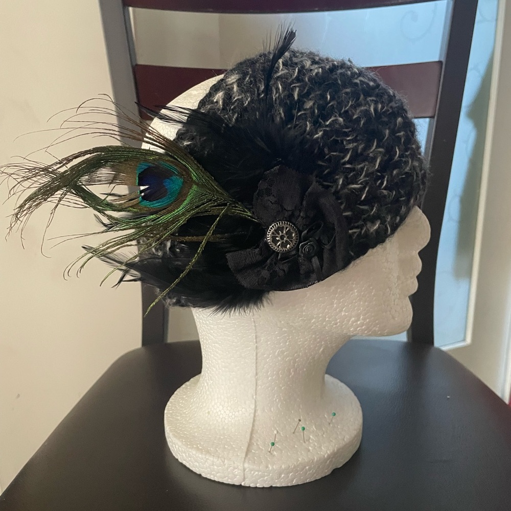 Cute winter knit head wrap / ear cover with peacock feathers